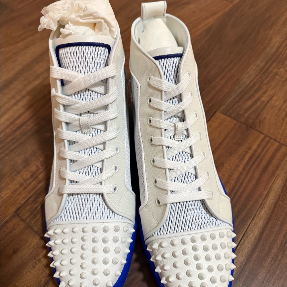 Christian Louboutin White and Blue High-Top Sneakers with Studded Toe! New!